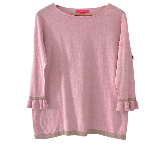 Lilly Pulitzer Charla Coquette Sweater Pink and Gold Size S Ruffle Cuff - Picture 2 of 7